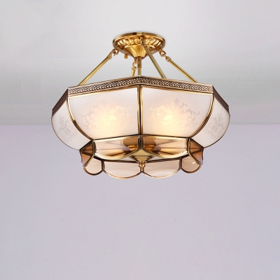Bowl Milky Glass Ceiling Lighting Colonial 3/4 Bulbs Living Room Semi Flush Mount Light in Brass, 14
