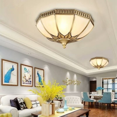 Bowl Milky Glass Ceiling Mounted Fixture Colonial 3 Bulbs Living Room Flush Mount Ceiling Lamp in Brass