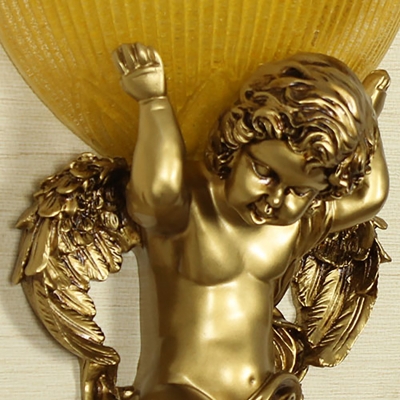 Bowl Sconce Wall Colonial 1 Head Amber Glass Mounted Lighting with White/Gold Metal Angel toward Left/Right