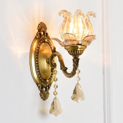 Brass Flower Sconce Light Modern 1/2 Heads Clear Glass Wall Light Fixture with Crystal Drop