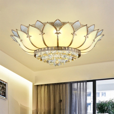 Chinese Style Lotus Ceiling Flush Mount Prismatic Glass 5 Lights Bedroom Ceiling Light Fixture in White with Crystal Finial