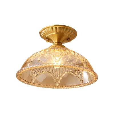 Colonial Bowl Ceiling Light Fixture 1 Bulb Amber Glass Flush Mount Lighting in Brass for Living Room