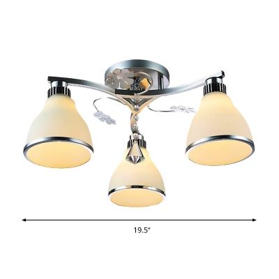 Cone Opal Glass Semi Flush Light Fixture Modern Style 3 Lights Chrome Ceiling Mount for Living Room with Crystal Drop