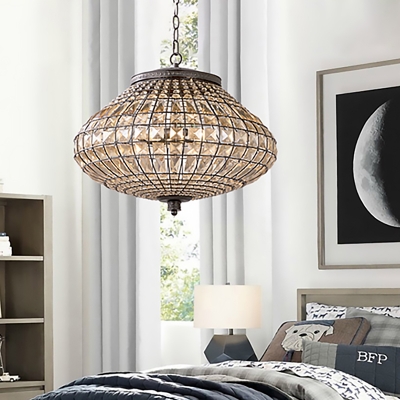 Crystal Beaded Urn Pendant Lamp Height Adjustable 3 Lights Rustic Hanging Light for Bedroom