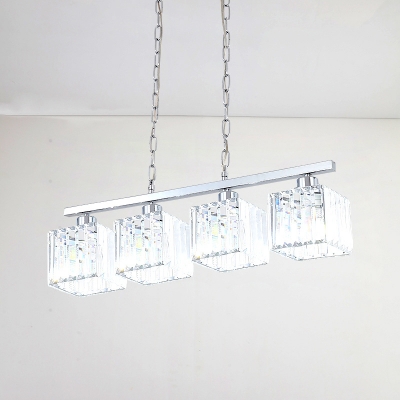 Cubic Island Lamp Contemporary Crystal Block 4 Heads Chrome Hanging Ceiling Light