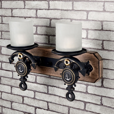 Cylinder Wall Mount Lamp Lodge Style Frosted Glass 1/2-Head Black and Gold Sconce Lighting with Anchor Design