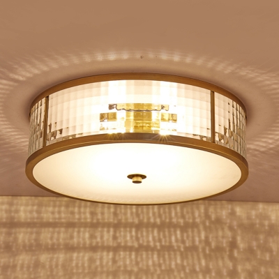 Drum Frosted Crystal Glass Ceiling Mounted Fixture Colonial 3/4/6 Bulbs Bedroom Flush Mount Ceiling Lamp in Brass, 14