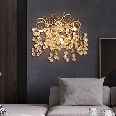 Faceted Crystal Sconce Light Postmodern 3 Heads Gold Wall Mount Light Fixture for Living Room