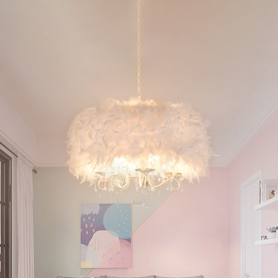 Feather Drum Shade Hanging Chandelier Modern 5 Lights Suspension Light in White for Living Room