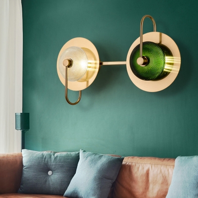 Gold 1/2/3-Light Wall Lighting Vintage Metal Bell Sconce Light Fixture with Green Prismatic Glass Shade