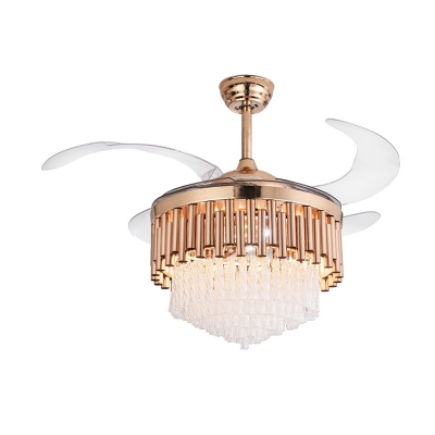 Gold Tube Ceiling Fan Light Modernist Faceted Crystal Led Flush Mount Fixture with Remote Control/Frequency Conversion