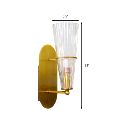 Indoor Cone Wall Lighting Clear Ribbed Glass Single Light Mid Century Modern Sconce Lighting in Brass