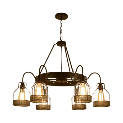 Industrial Cage Chandelier with Wheel 6/8 Lights Pendant Lamp in Black for Cottage Coffee Shop