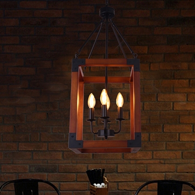 Metal Dark Wood Hanging Pendant Candle 4 Lights Classic Ceiling Chandelier with Square Frame