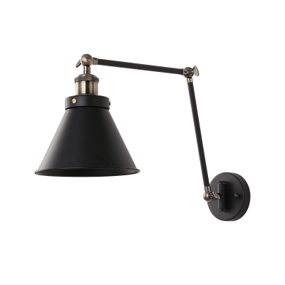 Metal Swing Arm Wall Lighting Industrial Style 1 Head Black/White Reading Wall Light with Conical Shade for Bedroom