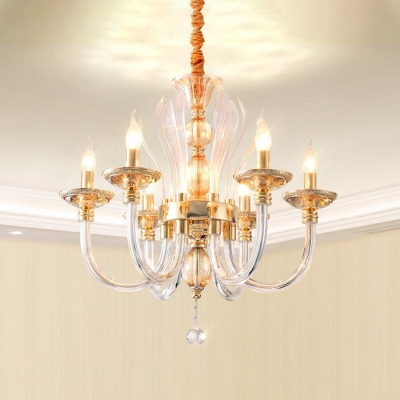 Modern Curved Chandelier Clear Glass 6 Heads Pendant Lamp over Table with Dropped Crystal Ball in Gold