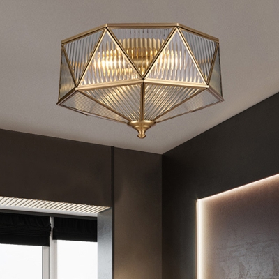 Octagon Ribbed Glass Flush Light Colonialism 4 Bulbs Bedroom Ceiling Fixture in Gold