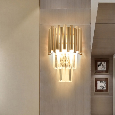 Postmodern Tiered Sconce Light Metal Tube and Crystal Block 4 Lights Bedroom Wall Lamp in Gold