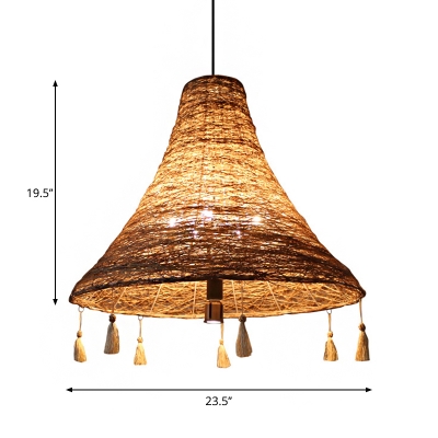 Rattan Flared Hanging Ceiling Light with Tassel Accents Chinese Style 1 Bulb Pendant Lamp for Restaurant