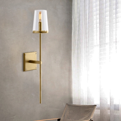 Tapered Fabric/Glass Shade Wall Sconce Vintage 1 Bulb Clear/White Wall Mounted Lighting with Black/Brass Bar