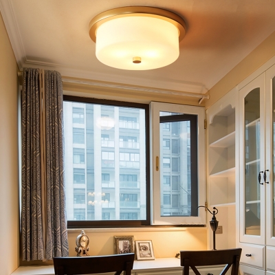 White 3 Lights Flush Mount Fixture Colonialism Frosted White Glass Drum Ceiling Mounted Light for Kitchen