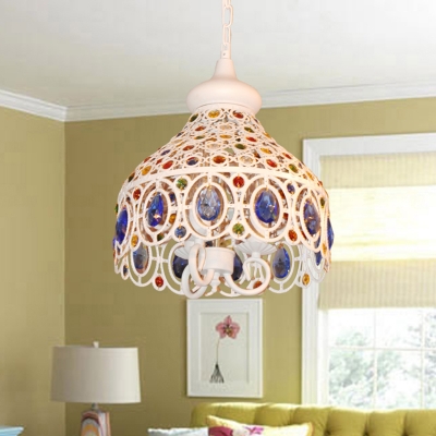 White Dome Hanging Ceiling Light Bohemia 3 Lights Metallic Pendant Lighting with Blue Crystal Accents