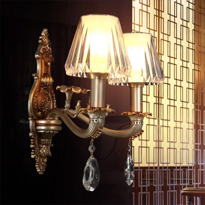 1/2-Head Conic Sconce Light Vintage Wall Light Fixture with Clear Acrylic Shade and Carved Arm in Gold