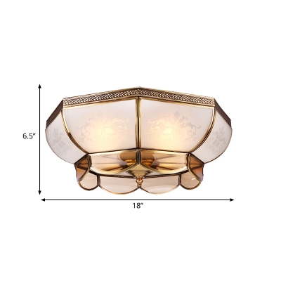 3/4 Bulbs Bowl Ceiling Mount Colonial Brass Mouth Blown Opal Glass Flush Light Fixture for Bedroom, 14