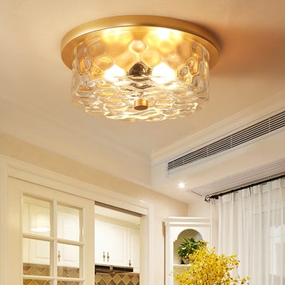 3 Bulbs Drum Ceiling Mount Colonial Brass Clear Dimple Glass Flush Light Fixture for Living Room