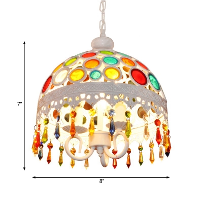 3 Lights Dome Hanging Light with Colorful Crystal Beads Iron Bohemia Pendant Light in White