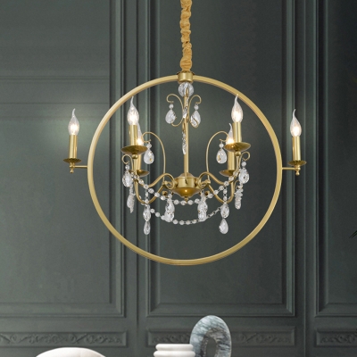 6/8-Head Circular Ceiling Pendant Colonial Style Golden Metallic Chandelier Light with Crystal Draping