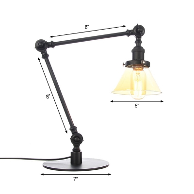 Amber/Clear Glass Conical Table Lighting Farmhouse Style 1 Head Black/Brass Finish Table Lamp with Adjustable Arm