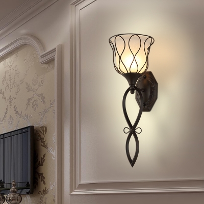 Bell Dining Room Wall Lighting Country Metal 1 Light Black Sconce with Opal Glass Shade