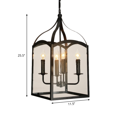 Black Caged Chandelier Light Traditional Style Metal 4 Lights Dining Room Pendant Lamp with Glass Panes