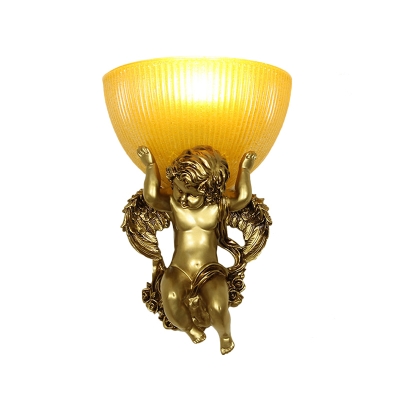 Bowl Sconce Wall Colonial 1 Head Amber Glass Mounted Lighting with White/Gold Metal Angel toward Left/Right