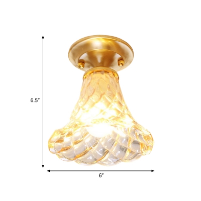 Brass 1 Head Flush Light Colonialism Clear Ribbed Glass Bell/Bowl Ceiling Fixture for Corridor, 6.5