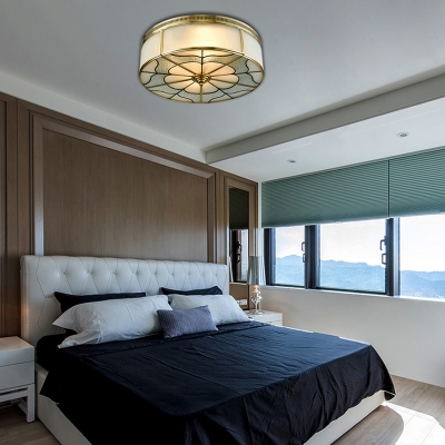 Brass 3 Lights Flush Mount Fixture Colonialism Curved Frosted Glass Drum Ceiling Mounted Light for Bedroom