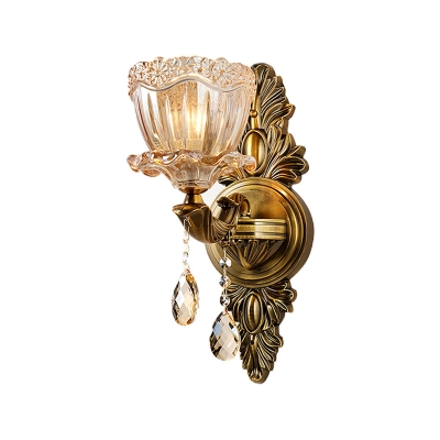 Brass Flower Sconce Light Contemporary 1/2 Heads Amber Glass Wall Mounted Light with Teardrop Crystal Accent