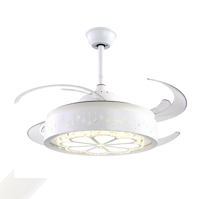 Carved Flower Ceiling Fan Light Modern Style Faceted Crystal White LED Semi Flush Lamp