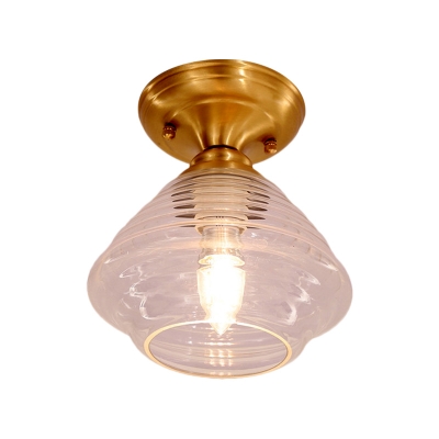 Colonial Dome/Cone/Barn Ceiling Light Fixture 1 Bulb Clear Glass Flush Mount Lighting in Brass, 6