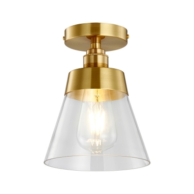 Conic Corridor Ceiling Light Fixture Clear Glass 1 Bulb Industrial Style Semi Flush Mount Light in Brass Finish