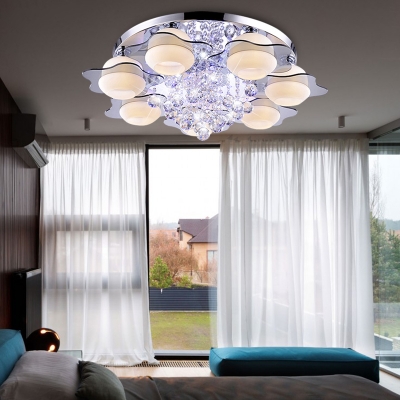 Contemporary Floral Ceiling Light Faceted Crystal Ball 3/5/7 Heads Bedroom Flush Light with Gray Glass Shade in Warm/White Light