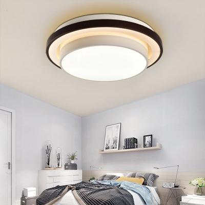 Contemporary Round Flush Light Black and White Iron Bedroom LED Ceiling Lamp with Acrylic Diffuser, 19.5