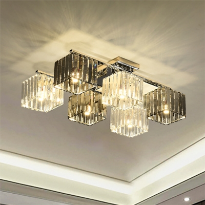 Crystal Cube Flush Ceiling Lamp Modern 4/6/9 Lights Modern Indoor Flush Light in Polished Chrome