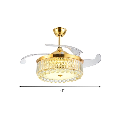 Crystal Drum Semi Flush Light Fixture Modern LED Gold Ceiling Fan Lamp for Dining Room, Wall/Remote Control/Frequency Conversion