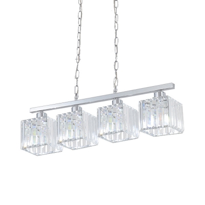 Cubic Island Lamp Contemporary Crystal Block 4 Heads Chrome Hanging Ceiling Light