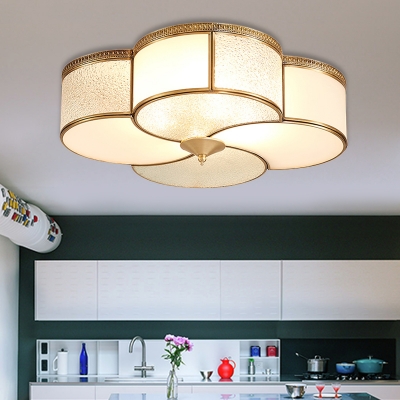 Curved Frosted Glass Brass Ceiling Flush Clover 4 Heads Colonialist Flush Mount Lamp for Living Room
