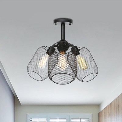 Cylinder/Lantern Ceiling Flush Mount Industrial Style Metal 3 Bulbs Black Semi Flush Ceiling Light with Mesh Screen