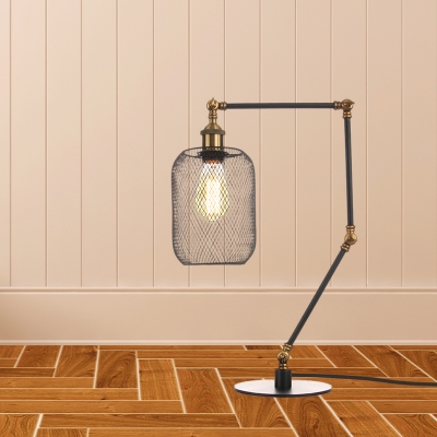 Cylindrical Table Lamp Farmhouse Metallic 1 Light Black/Brass Finish Adjustable Table Lighting with Mesh Screen