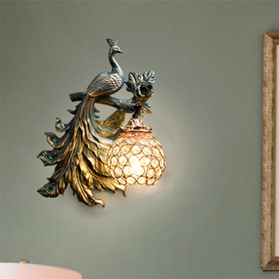 Dome Wall Mount Light Antique Style Metal and Crystal 1 Light Living Room Wall Lamp with Bronze Phenix toward Right/Left